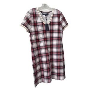 Tommy Hilfiger Womens Red Metallic Lurex Trim Plaid T-Shirt Dress Size LARGE